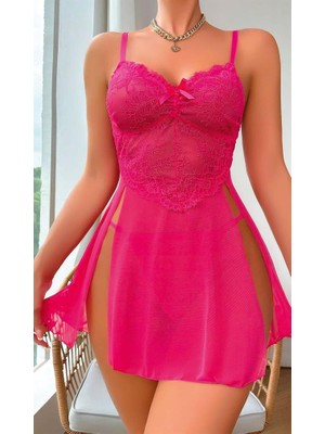 Aria's Closet Arias Closet Fuşya Dantel Işlemeli Transparan Fantezi Tül Gecelik