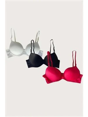 Aria's Closet Arias Closet Beyaz-Siyah-Kırmızı 3'lü Mikro Kumaş Push Up Dolgulu Balenli Günlük Destekli Sütyen