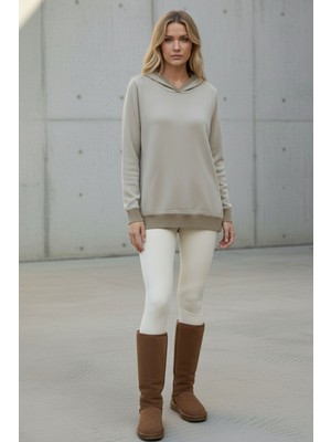 Lupinn Kadın Bej Kapüşonlu Rahat Kesim Basic Yumuşak Dokulu sweatshirt – Yeni Sezon Kadın Sweatshirt