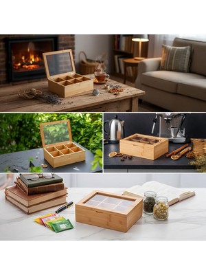 Storemax Bambu 6 Bölmeli Çay Kutusu -%100 Orjinal Bambu Mıknatıslı Kapak 21X16,5 X7CM