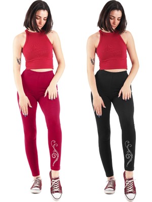 ASN Concept Kadın Bordo/Siyah Taş Baskılı 2'li Paket Tayt (Büyük Beden Seçeneğiyle)