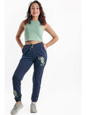 ASN Concept Lacivert Renk Çiçek Baskılı Eşofman Altı (Büyük Beden Seçeneğiyle)