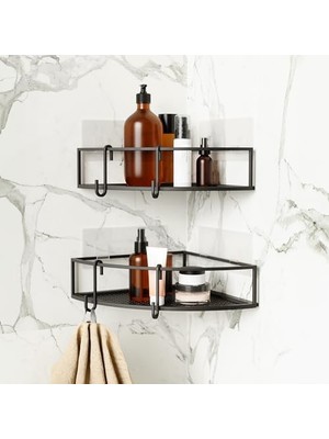 Storemax Cubiko Köşe Rafı, Duş Rafı, Delmeden Kancalı, Siyah, 2'li Set
