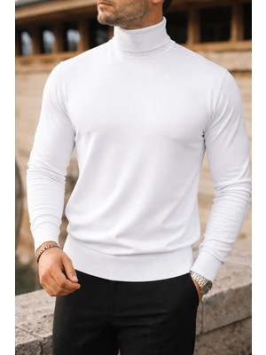 Comstar Erkek Trend Kışlık Boğazlı Beyaz Triko Kazak