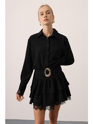 Cemo Önü Düğmeli ve Bel Kemerli Kısa Elbise (Gömlek Tarzı)