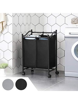 Storemax Çamaşır Ayırıcı, Tekerlekli ve 2 Bölmeli, Çamaşır Sepeti, Çıkarılabilir Çantalı Çamaşır Arabası, Toplam Kapasite 90 L, Siyah, LSF002BK