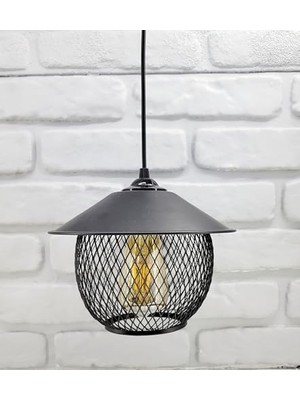 Storemax Siyah Endüstriyel Şapkalı Hasır Tel Küre Model Cafe Restaurant Tekli Sarkıt Avize Aydınlatma