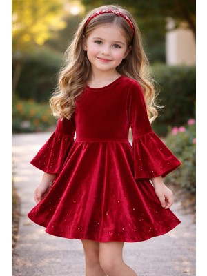 Ugly Duck 04-12 Yaş Incili Kadife Elbise - Kırmızı
