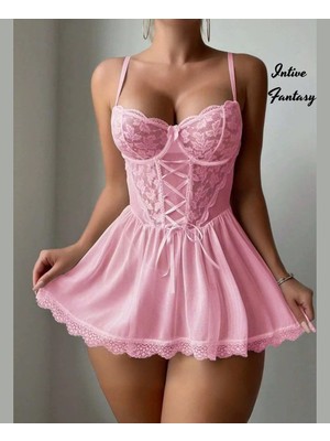 Intive Lingerie Intive Toz Peömbe Önü Dantelli ve Çapraz Bağlamalı Transparan Mini Gecelik - Şirin Dokunuş
