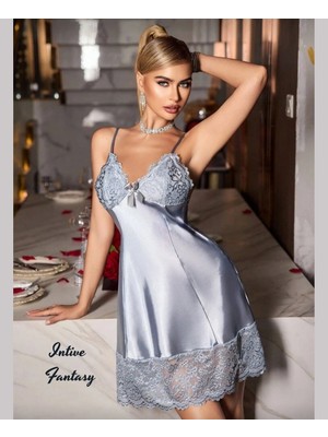 Intive Lingerie Intive Fantasy Gri Göğsü ve Paçası Dantelli Ince Asklı Feminen Gecelik