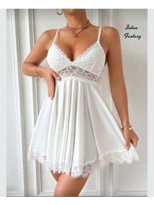 Intive Lingerie Intive Fantasy Beyaz Dantelli Tülden Transparan V Yaka Ince Askılı Gecelik
