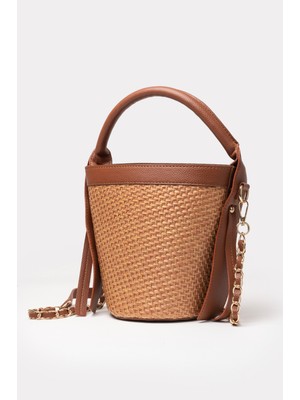 İcone Bag İcone Hasır Kova El Omuz Çantası Taba Kadın Askılı Şık Tasarım 23x19x14 cm