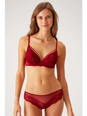 Pierre Cardin Bordo 4822 Balenli ve Pedli Ip Detaylı Dantelli Transparan Comfy Sütyen ve Külot/iç Çamaşır Takım