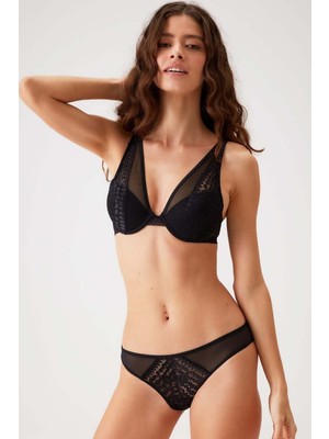 Pierre Cardin Siyah Biella Çiçek Desen Soft Push Up Dolgulu Tül Detaylı İç Çamaşırı Takımı 2 Parça