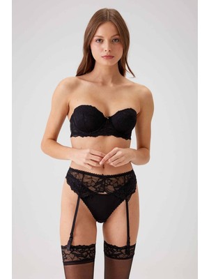 Pierre Cardin Siyah 4793 Siena Balenli Desteksiz Dantelli Çoraplı Jartiyer Sütyen Takım Tak Çıkar Askılı