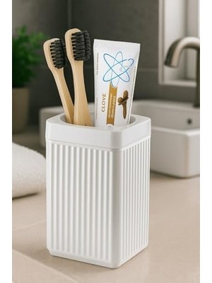 Storemax Serisi Beyaz Banyo Seti, 5 Parça Akrilik Kare 5 Litre Çöp Kovası, Sabunluk, Fırçalık Takımı 34 Beyaz