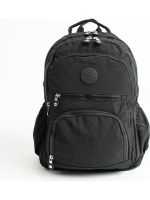 Sanmorris Unisex Suya Dayanıklı Krinkıl Kumaş Çok Gözlü  Siyah Renkli Laptop Okul Ve Sırt Çantası