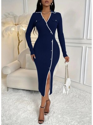 Çamaşır Kenti Kadın Uzun Kollu Yakalı Cepli Düğmeli Yırtmaç Detaylı Modal Uzun Elbise