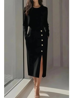 Çamaşır Kenti Kadın Uzun Kollu Bisiklet Yakalı Yandan Yırtmaçlı Düğmeli Midi Ithal Krep Elbise