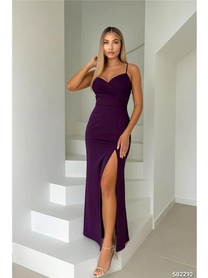 Faylora Kadın Dalgıç Kumaş V Yaka Yırtmaç Detaylı Maxi Boy Elbise