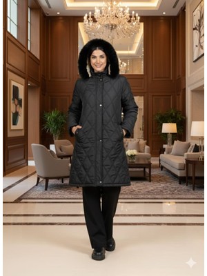 Bejna Kadın Büyük Beden Içi Polarlı Kapüşonlu Kapitone Mont