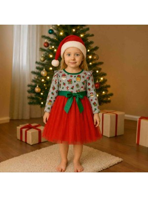 Saltare Kız Çocuk Yeşil Kurdela Detaylı Kırmızı Tütülü Noel Elbise Girl Child Christmas Dress Party Yeni Yıl