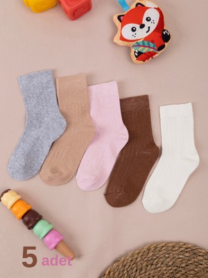 Hobins Sportswear & Company 5'çift Bebek & Çocuk Çorap Düz Sade Derbi Dört Mevsim Okul Çorabı Gri,bej,pembe,kahve,krem Renkleri