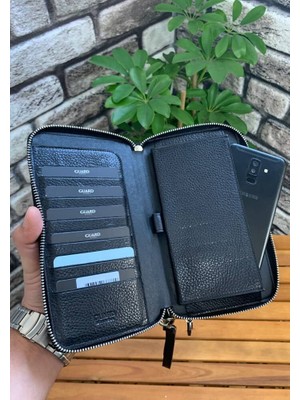 Guard Çift Fermuarlı Siyah Deri El Çantası