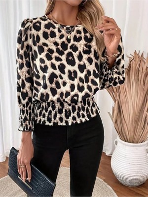 Kadın Uzun Kollu Bisiklet Yaka Leopar Desenli Modal Bluz