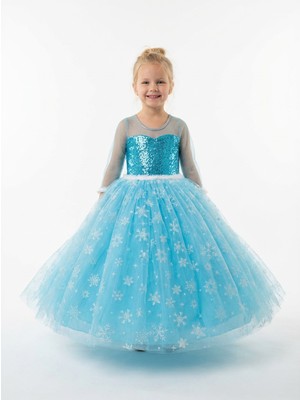 Butik Happy Kids Frozen Elsa Kostümü Uzun kollu Kız Çocuk Prenses Elbisesi - Kar Tanesi Tül Etek