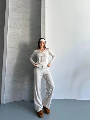 Esila Moda Kadın Krem Düğmeli Fitilli Ikili Takım
