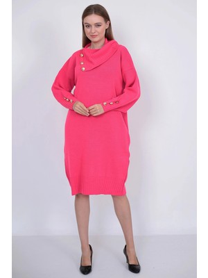 Lugmo Triko Uzun Kadın Elbise Yaka Düğmeli Fujya