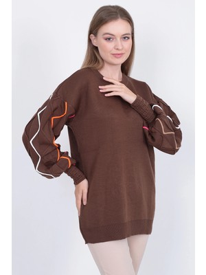 Lugmo Kadın Triko Kazak Kolu Çizgili Kahverengi