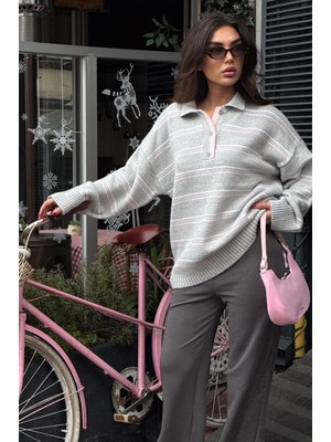 Madmext Gri Çizgili Düğmeli Polo Yaka Kazak MG2357