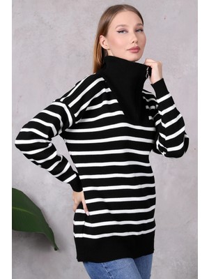 Lugmo Kadın Kamyoncu Yaka Oversize Çizgili Fermuarlı Uzun Triko Kazak Siyah