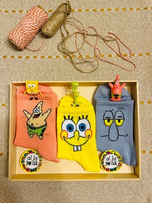 Al Bi 90Lık Al Bi 90'lık 3'lü Sünger Patrıck Squıdward Desenli Kolej Set Çorap