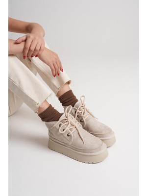 Mevese Anele Kadın Bej Kışlık İçi Kürklü Kalın Taban Bot