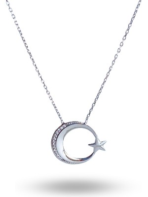 Keskin Gümüş 925 Ayar Gümüş Zirkon Taşlı Ay Yıldız Bayrak Tasarım Trend Kadın Kolye Hediyelik 1