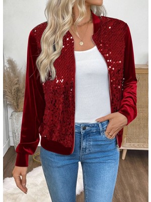 Melen Moda Kadın Uzun Kollu Önü Açık Fermuarlı Pulpayetli Kadife Ceket