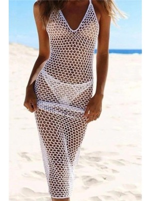 Faylora Askılı File Desen Tam Boy Beyaz Kadın Triko Pareo