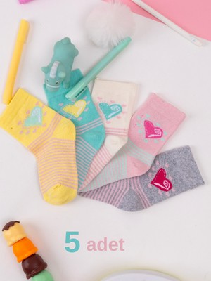 Hobins Sportswear & Company 5'çift Bebek & Çocuk Çorap Kalp Desenli Dört Mevsim Okul Çorabı Sar,mint,pembe,krem,gri