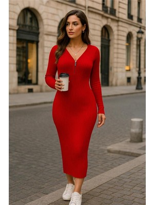 Faylora Kadın Uzun Kollu Fermuar Detay Fitilli Kaşkorse Kumaş Maxi Boy Elbise