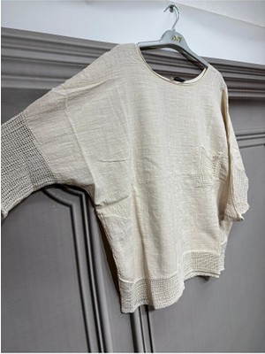 Kadın Oversize Fileli %100 Keten Bluz