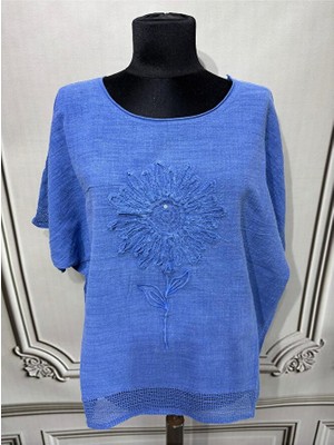 Kadın Oversize Kabartmalı Fileli %100 Keten Bluz