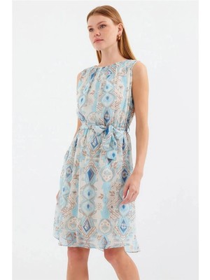 Faylora 2501 Desenli Sıfır Kol Şifon Elbise - Mavi
