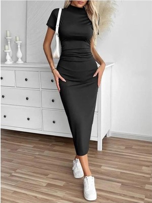 Faylora Kadın Yarı Balıkçı Yaka Yırtmaçlı Dalgıç Midi Elbise