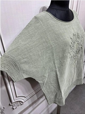 Kadın Oversize Kabartmalı Fileli %100 Keten Bluz