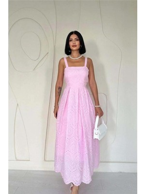 Faylora Pembe Askılı Aparatlı Brode Elbise