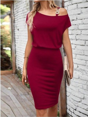 Faylora Kadın Kısa Kollu Tek Omuz Askı ve Aksesuar Detay Beli Lastikli Krep Elbise