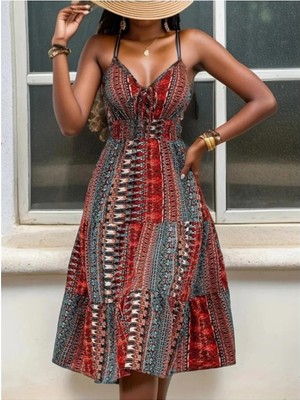 Faylora Eyesof Kadın Ip Askılı V Yakalı Bağcıklı Beli Lastikli Desenli Süprem Elbise